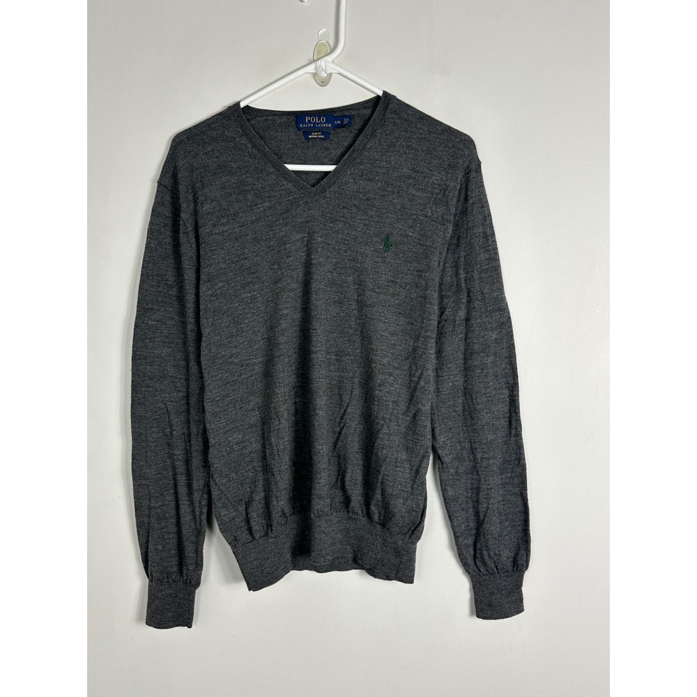 Polo Ralph Lauren Mens 100% Merino Wool Sweater Large Slim Fit Grey V-Neck Pony